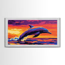 Jumping Dolphin at Sunset, Framed Canvas Print, Ocean Wall Art, Vibrant Marine Painting, Coastal Decor, Beach House Aesthetic