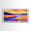 Golden Field River View, Canvas Print, Colorful Nature Art, Tranquil Landscape Painting, Boho Aesthetic, Living Room Wall Decor