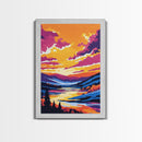 Sunset Valley, Reflection, Framed Canvas Print, Mountain River Art, Vibrant Landscape, Living Room Wall Art, Rustic Home Decor