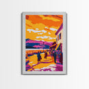 Sunset Village, Walkway, Framed Canvas Print, Mediterranean Street Art, Colorful Cityscape, Urban Wall Decor, Warm Tones