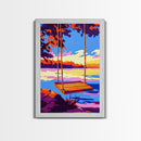 Lake Swing, Sunset, Canvas Print, Serene Nature Art, Vibrant Reflection Painting, Boho Wall Decor, Cozy Home Art, Bedroom Wall Artwork