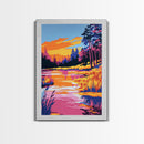 Forest Twilight, Golden Hour Reflection, Tranquil Landscape, Nature Serenity, Framed Canvas Print, Cozy Cabin Decor, Fall Art