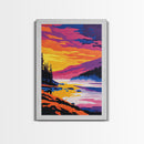 River Sunset, Misty Mountain, Tranquil Landscape, Framed Canvas Print, Nature Wall Art, Vibrant Painting, Home Office Decor, Cabin Gift