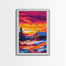 Sunset Cabin, Cozy Retreat, Rustic Nature, Framed Canvas Print, Winter Wall Art, Log Cabin Scene, Sunset Painting, Warm Color Decor