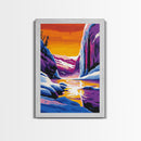 Frozen Falls, Winter Wonderland, Icy Landscape, Bold Color Contrast, Framed Canvas Print, Seasonal Art, Cozy Winter Decor