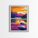 Rocky River, Majestic Mountains, Sunset Reflections, Vibrant Colors, Framed Canvas Print, Living Room Wall Art, Bold Landscape