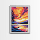 Sunset Lake, Landscape Painting, Autumn Art, Nature Wall Decor, Framed Canvas Print, Vibrant Mountain Scene, Living Room Wall Art