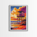 Lifeguard Tower, Beach Sunset, Coastal Summer Art, Vibrant Seascape, Framed Canvas Print, Ocean Lover Decor, Nautical Wall Art