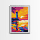 Lighthouse, Reflection, Ocean, Sunset, Framed Canvas Print, Nautical Decor, Beach House Wall Art, Coastal Scene, Bright Wall Art