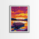 Dock, Lake, Boat, Sunset, Framed Canvas Print, Nautical Wall Art, Relaxing Lake House Decor, Living Room Art, Tranquil Scenic Painting