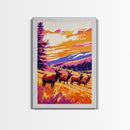 Elk Herd, Mountain Sunset, Wildlife Painting, Framed Canvas Print, Rustic Cabin Wall Art, Autumn Nature Decor, Bold Landscape Artwork