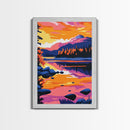 Mountain Lake, Sunset Sky, Nature Reflection, Framed Canvas Print, Cabin Decor, Bold Landscape Painting, Vibrant Scenic Artwork