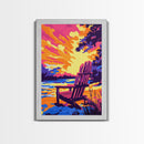 Adirondack Chair, Sunset Lake, Relaxing Art, Vacation Vibes, Framed Canvas Print, Outdoor Decor, Summer Wall Art, Nature Painting