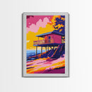 Coastal Cabin, Beach House Art, Ocean Sunset, Seaside View, Framed Canvas Print, Living Room Decor, Summer Landscape, Boho Wall Art