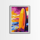 Surfboard Sunset, Vibrant Beach, Framed Canvas Print, Coastal Wall Art, Boho Decor, Large Artwork, Bedroom Art, Modern Painting, Gift Idea