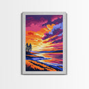 Lakeside Sunset, Fiery Sky, Framed Canvas Print, Nature Wall Art, Boho Landscape, Modern Artwork, Large Wall Art, Bedroom Art, Gift Idea