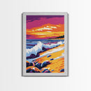 Sunset Shoreline, Breaking Waves, Framed Canvas Print, Coastal Wall Art, Beach Aesthetic, Boho Decor, Large Artwork, Living Room Art