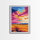 Golden Field, Sunset Sky, Framed Canvas Print, Warm Landscape Art, Country Home Decor, Colorful Painting, Cozy Aesthetic, Dining Room Art