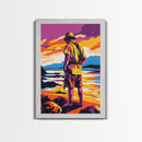 Fisherman Painting, Ocean Art, Nostalgic Scene, Sunset Coast, Framed Canvas Print, Rustic Wall Art, Vintage Aesthetic, Living Room Art