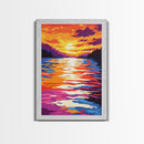 Water Reflection, Colorful Sunset, Lake View, Nature Art, Bold Tones, Serene Decor, Framed Canvas Print, Office, Living Room Art