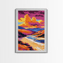Mountain Sunset Painting, River Valley Wall Art, Colorful Landscape Print, Dramatic Nature Art, Framed Canvas Print, Rustic Cabin Decor