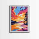 Lakeside Sunset Painting, Serene Nature Wall Art, Warm Color Palette, Scenic Landscape Print, Framed Canvas Print, Boho Bedroom Decor