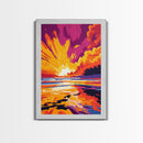 Fiery Ocean Sunset, Dramatic Sky Painting, Bold Color Landscape Art, Vibrant Beach Scene, Framed Canvas Print, Modern Living Room Decor