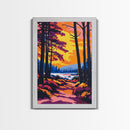 Forest Sunset Path, Tranquil Woodland Scene, Vibrant Landscape Art, Cozy Nature Wall Decor, Framed Canvas Print, Autumn Living Room Art