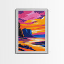River Sunset, Cliff, Glow, Vibrant, Framed Canvas Print, Autumn Landscape, Nature Wall Art, Living Room Decor, Modern Rustic, Warm Tones