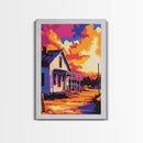 Country House, Farmhouse, Sunset, Glow, Framed Canvas Print, Rural Wall Art, Warm Home Decor, Rustic Landscape, Cozy Living Room
