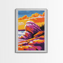 Rock Formations, Beach, Sunset, Vibrant, Framed Canvas Print, Coastal Nature Art, Ocean Landscape, Earthy Decor, Tranquil Wall Art
