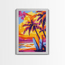 Surf Shack, Tropical Landscape, Sunset Beach, Framed Canvas Print, Boho Wall Art, Coastal Home Decor, Vibrant Surfing Aesthetic