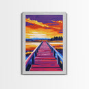 Lakeside Pier, Sunset View, Nature Serenity, Tranquil Waters, Canvas Print, Living Room Wall Art, Rustic Decor, Bold Color Palette