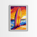 Surfboard Sunset, Ocean Waves, Beach Art, Canvas Print, Coastal Living Decor, Bold Tropical Colors, Relaxing Wall Art, Modern Home