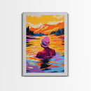 Woman Swimming, Sunset, Nature Art, Framed Canvas Print, Relaxing Wall Art, Bedroom Decor, Bold Colors, Scenic Painting, Lake Art