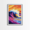 Wave Art, Surfing Aesthetic, Sunset Ocean, Framed Canvas Print, Beach House Decor, Coastal Wall Art, Vibrant Colors, Modern Seascape