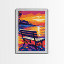 Seaside Bench, Sunset Beach Art, Romantic Wall Art, Coastal Decor, Framed Canvas Print, Nature Wall Art, Serene Landscape Painting
