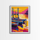 Docked Canoes, Lake Sunset Painting, Nautical Wall Decor, Tranquil Water Scene, Framed Canvas Print, Cabin Wall Art, Serene Landscape