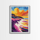 Ocean Waves, Coastal Cliff, Vibrant Sunset, Framed Canvas Print, Beach House Wall Art, Nautical Home Decor, Ocean Serenity Painting