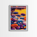 River Stones Reflection, Canvas Print, Colorful Sunset, Modern Landscape, Nature Artwork, Peaceful Lake, Warm Aesthetic, Living Room Art