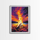 Campfire Blaze, Sunset Glow, Nature Landscape, Framed Canvas Print, Rustic Wall Art, Cabin Decor, Autumn Aesthetic, Warm Colors