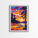 Mountain Camp, Tent Sunset, Pine Forest, Framed Canvas Print, Outdoor Adventure, Rustic Home Art, Cozy Cabin Vibes, Boho Wall Art
