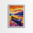 Canoe Serenity, Golden Lake, Sunset Mountains, Canvas Print, Tranquil Nature Art, Living Room Wall Decor, Boho Aesthetic, Warm Colors
