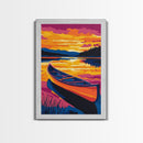Canoe Reflection, Sunset Lake, Peaceful Waters, Framed Canvas Print, Nature Escape, Outdoor Decor, Bedroom Wall Art, Fall Vibes
