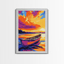 Lake Canoe, Tranquil Waters, Warm Sunset, Framed Canvas Print, Rustic Cabin Art, Living Room Wall Art, Cozy Autumn Decor, Bohemian Style