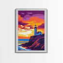 Lighthouse Art, Coastal Seascape Painting, Nautical Home Decor, Ocean Sunset Print, Beach House Wall Art, Framed Canvas Print, Office Decor