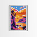 Cliffside Sunset Art, Vibrant Seascape Painting, Ocean Print, Coastal Home Decor, Beach Scene, Framed Canvas Print, Living Room Art