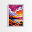 Coastal Sunset, Vibrant Sky, Ocean Landscape, Serene Beach Scene, Nautical Home Decor, Relaxing Artwork, Framed Canvas Print, Gift