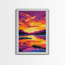 Sunset Reflection Art, Vibrant Lake Painting, Colorful Nature Canvas Print, Tranquil Home Decor, Boho Wall Art, Living Room Art