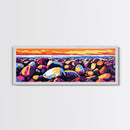 Colorful Rocks, Coastal Art, Sunset Beach Scene, Nature Inspired, Bathroom Wall Art, Vibrant Seaside Decor, Framed Canvas Print